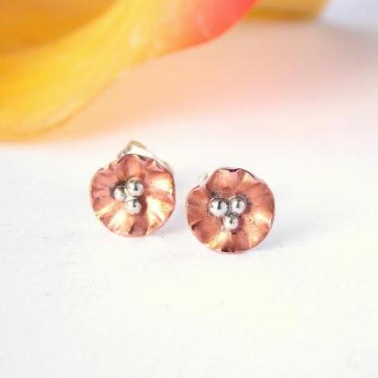 Mini Copper Flower Post Earrings, Super Minis