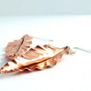 Ruffled Leaf Earrings - Copper Leaf Earrings /..