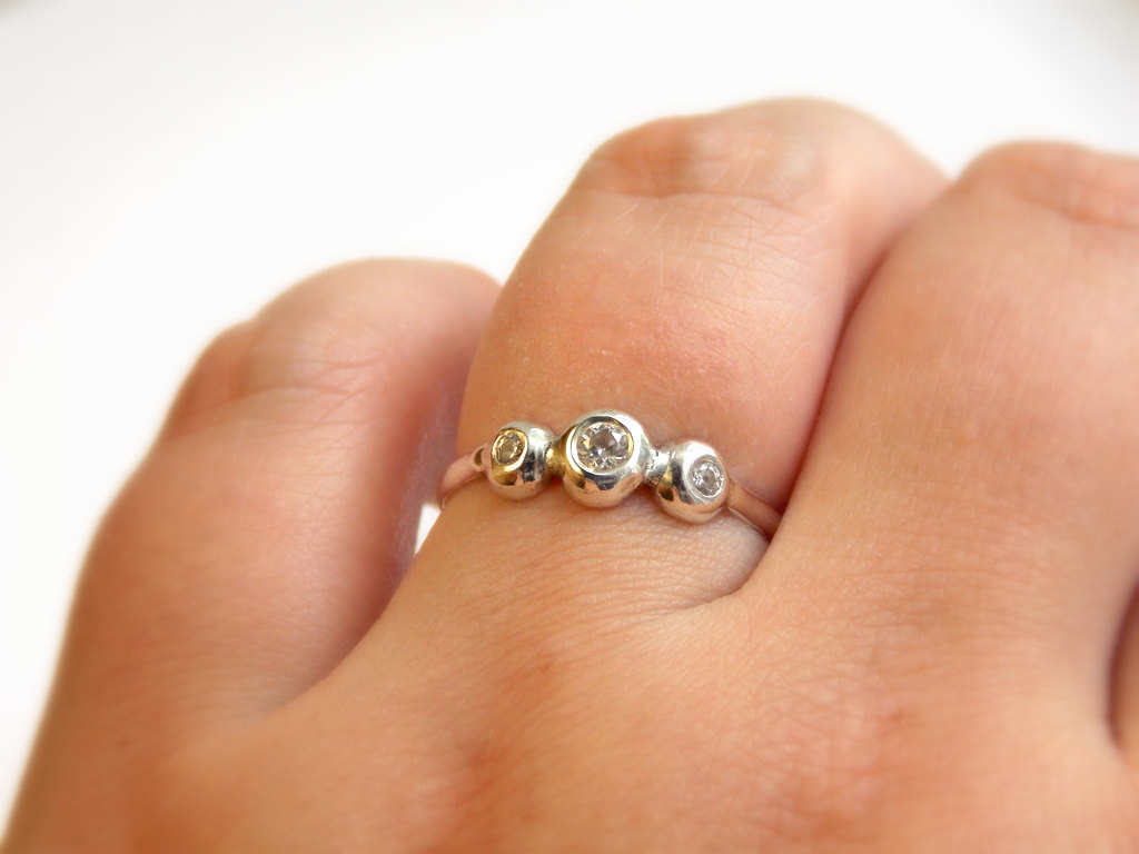 Three Stone Recycled Sterling Silver Ring - White Topaz Ring / Silver Ring / Birthstone Ring / Mother's Ring / Mother's Day