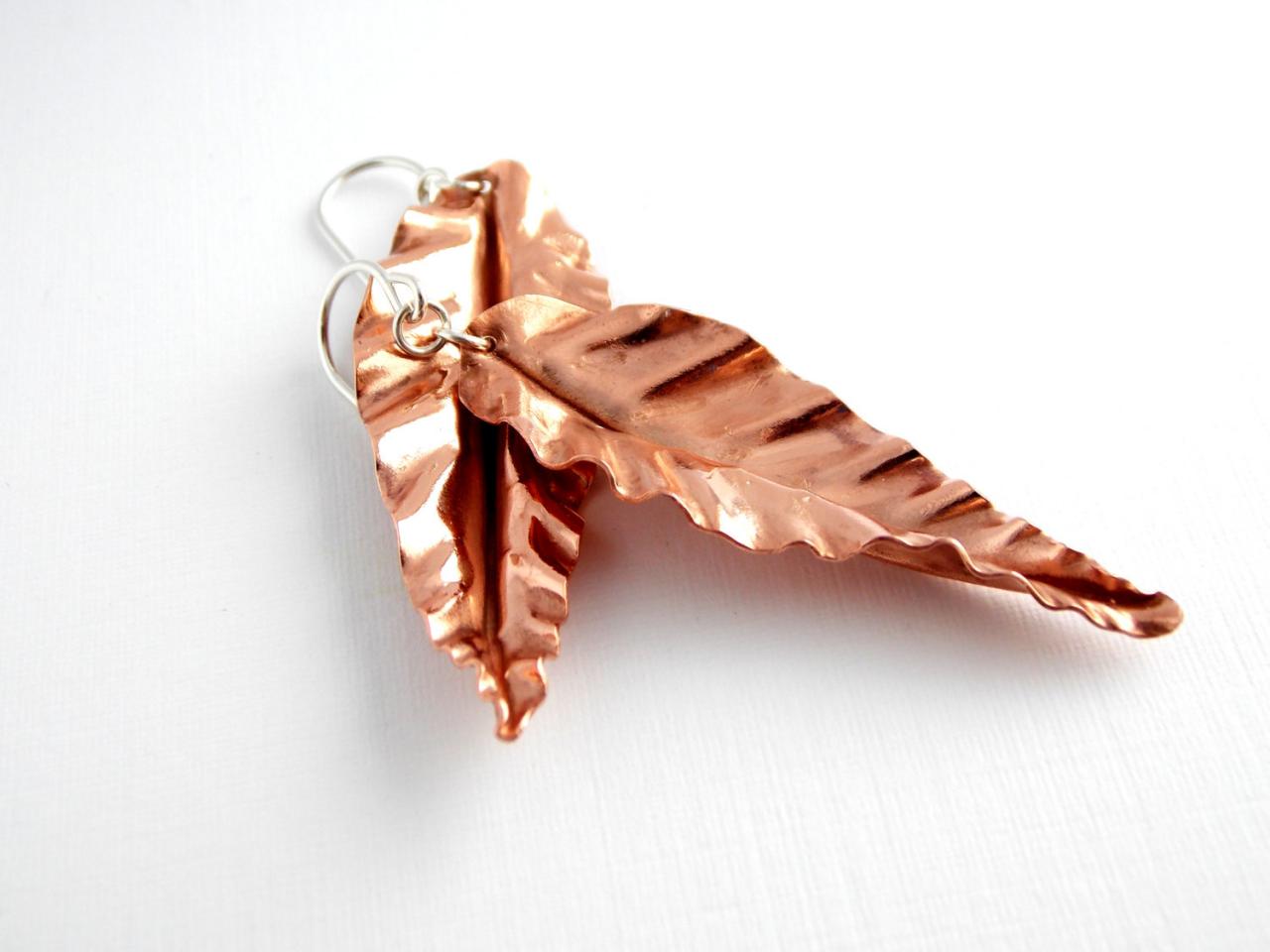 Ruffled Leaf Earrings - Copper Leaf Earrings / Modern Earrings / Leaf Earrings / Copper Earrings