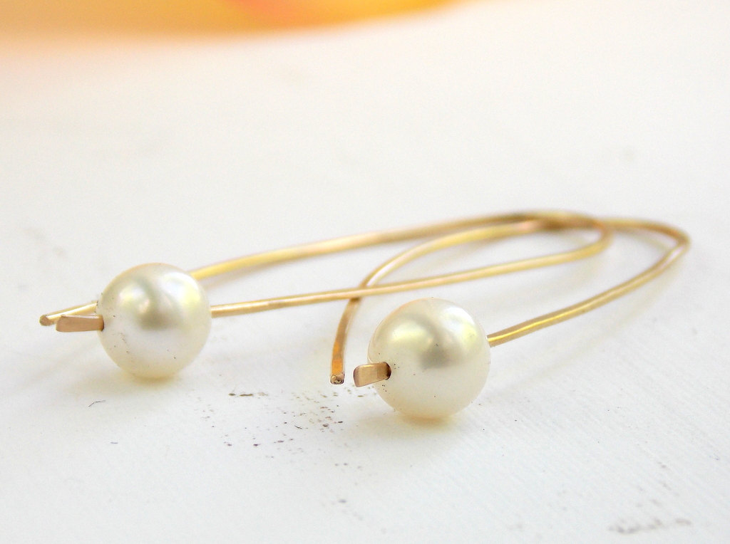Golden Pearl Earrings - Modern Simple Earrings, Minimalist, Contemporary Earrings, Pearl Earrings, Elegant Earrings, Wedding Jewerly