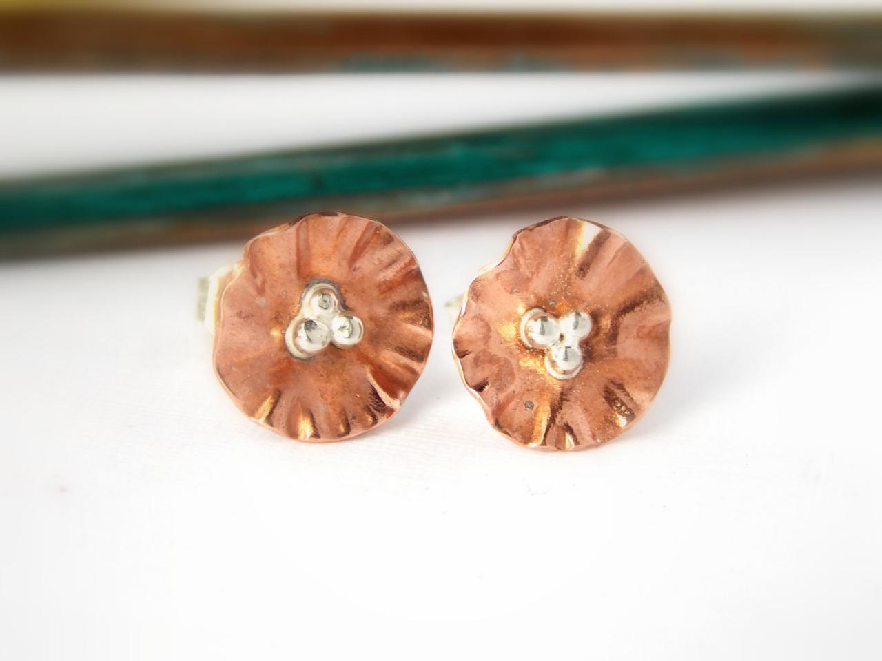 Flower Earrings: Sterling Silver, Copper Flower, Dainty Earrings, Blossom Earrings, Dainty Studs, Flower Studs, Flower Posts, Small Earring