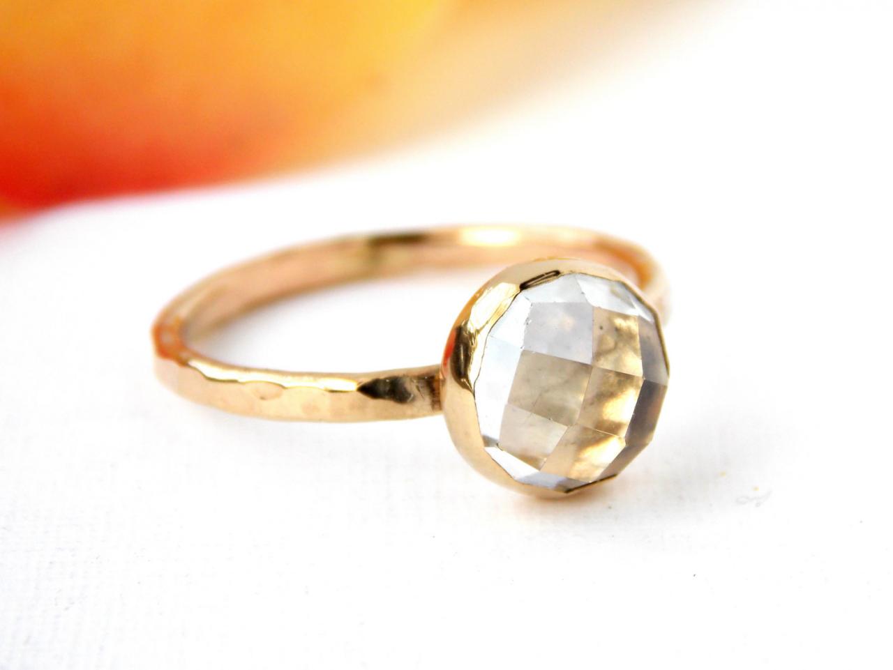 Rose Cut White Topaz Ring: 14K Solid Gold ring, white topaz, egagement ring, wedding ring, hammered ring, textured ring, rose cut ring